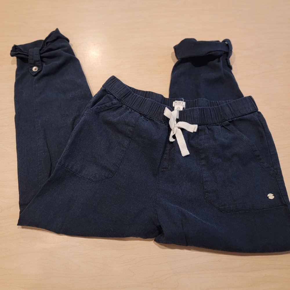 Roxy Linen Blend Drawstring Convertible Pants To Cropped Large